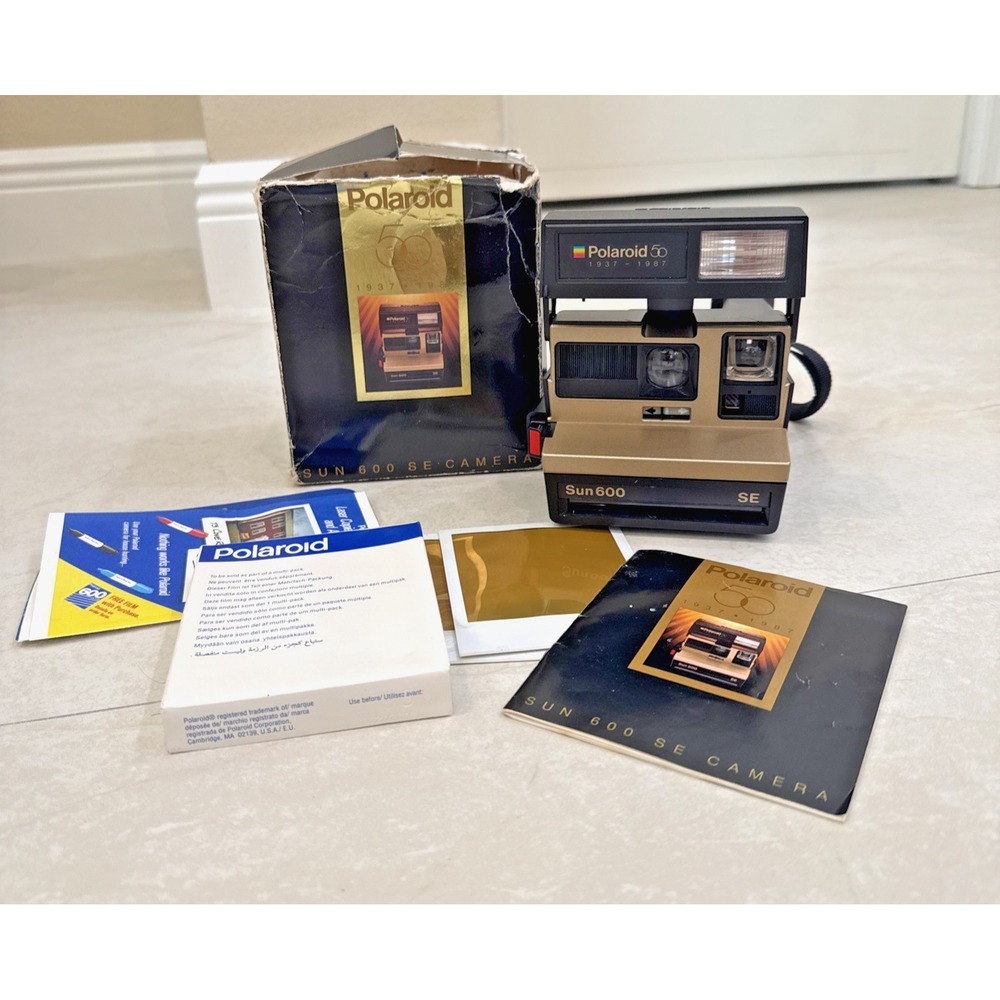 Vtg Polaroid Sun 600 SE 50 Anniversary Camera Instant Film Flash Manual Box Film